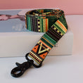 Load image into Gallery viewer, Rolled nylon leash with green, orange, and black geometric pattern on white box with pink background