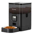 Load image into Gallery viewer, Black automatic pet food feeder with digital control panel and removable stainless steel bowl filled with kibble