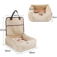 Cargar la imagen en la vista de la galería, Beige quilted convertible dog car bed with dimensions highlighted showing size details for car and home use