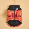 Cargar la imagen en la vista de la galería, Orange and black padded dog jacket on hanger showing front with zipper and logo