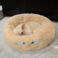 Load image into Gallery viewer, Beige plush pet bed with a small dog laying comfortably inside