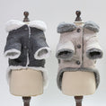 Cargar la imagen en la vista de la galería, Front view of two plush wool blend dog coats with button closures displayed on mannequins in charcoal gray and light gray