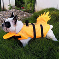 Cargar la imagen en la vista de la galería, French Bulldog wearing bright orange dog life jacket with black straps and dragon tail walking on grass