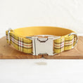 Load image into Gallery viewer, Front view of collar's metal buckle and D-ring on yellow plaid fabric