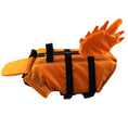Cargar la imagen en la vista de la galería, Side view of orange dog life jacket with black adjustable straps and dragon tail detail