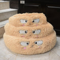 Load image into Gallery viewer, Three stacked beige plush pet beds showing size variations and embroidered faces