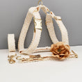 Load image into Gallery viewer, Complete cream lace dog harness set with gold hardware and flower accessory