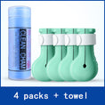 Load image into Gallery viewer, Four turquoise silicone cat nail covers with a microfiber towel container