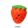 Load image into Gallery viewer, Close-up of orange strawberry-shaped rubber dog toy with green leaf top and holes