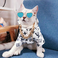 Load image into Gallery viewer, White cat wearing blue polarized sunglasses with gold metal frame and black temple tips, styled with white patterned hoodie and gold chain