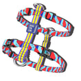 Load image into Gallery viewer, Red and blue diamond pattern dog harness vest with 'Bond for Love' label