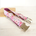 Load image into Gallery viewer, Pink floral dog leash showing metal clasp and adjustable strap on white surface