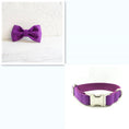 Load image into Gallery viewer, Collage showing purple velvet dog bow tie and matching collar on white background.