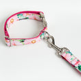 Load image into Gallery viewer, Close-up of floral dog collar with attached leash hook