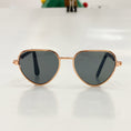 Load image into Gallery viewer, Close-up front view of aviator-style pet sunglasses with black lenses and rose gold frame