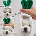 Load image into Gallery viewer, Small dog in white radish hoodie with green leaf ears, shown with a close-up and relaxed eyes