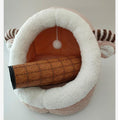 Load image into Gallery viewer, Light peach and white plush cat cave bed with striped ram-like ears, rolled mat inside