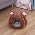 Load image into Gallery viewer, Brown plush pet nest resembling a bear with pink ears and embroidered facial features
