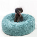 Load image into Gallery viewer, Small gray dog sitting happily inside round blue plush pet nest bed