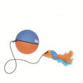 Load image into Gallery viewer, Isolated view of orange and blue spherical ball toy with black cord connected to a feather mouse