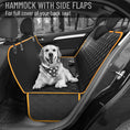 Charger l'image dans la visionneuse de la galerie, Black dog car seat cover hammock with orange trim installed in back seat, showing full side flap coverage and dog resting