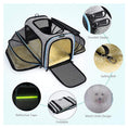 Load image into Gallery viewer, Gray expandable foldable pet carrier with yellow plush inside, showing durable zipper, safety belt clip, reflective tape, foldable design, and mesh cloth ventilation