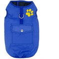 Charger l'image dans la visionneuse de la galerie, Blue insulated dog coat with front pocket and leash ring shown flat