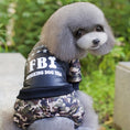 Load image into Gallery viewer, Gray toy poodle wearing camo FBI jumpsuit looking back, outdoors with greenery background