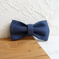 Load image into Gallery viewer, Detachable denim bow tie accessory for dog collar on wooden surface