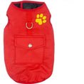 Charger l'image dans la visionneuse de la galerie, Red insulated dog coat with front pocket and leash ring displayed flat