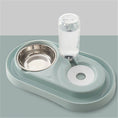 Cargar la imagen en la vista de la galería, Green automatic pet feeding station with stainless steel food bowl and attached water bottle on gray surface
