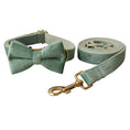 Load image into Gallery viewer, Complete mint green velvet dog collar and leash set with bow accessory displayed on white background