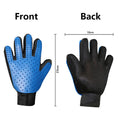 Load image into Gallery viewer, Front and back view of blue grooming glove with size measurements