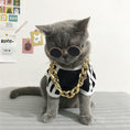 Load image into Gallery viewer, Gray cat wearing sunglasses, black and white shirt, and big gold plastic chain necklace