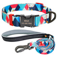 Load image into Gallery viewer, Colorful geometric patterned dog collar with personalized buckle and matching leash on white background