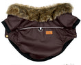 Load image into Gallery viewer, Flat lay of brown PU leather dog jacket with faux fur collar, metal leash ring, and snap button side closures