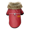 Load image into Gallery viewer, Back view of red PU leather dog jacket with plush fur collar, metal D-ring leash attachment, and leather brand patch