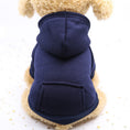 Cargar la imagen en la vista de la galería, Small dog wearing a navy blue fleece hoodie with hood and back pocket sitting against a white background