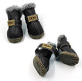 Cargar la imagen en la vista de la galería, Pair of black dog winter boots with gray faux fur lining and adjustable Velcro