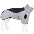 Load image into Gallery viewer, Mannequin dog model dressed in gray and black warm dog coat with leg sleeves and leash ring