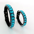Load image into Gallery viewer, Lake blue rhinestone PU pet collars in two sizes upright on white background