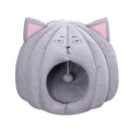Load image into Gallery viewer, Gray plush enclosed cat bed shaped like a cat head with pink ears and sleepy embroidered eyes