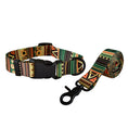 Load image into Gallery viewer, Green, orange, and black geometric patterned dog collar and leash set isolated on white background