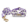 Load image into Gallery viewer, Another angle of purple polka dot dog collar and leash with bow tie