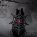 Charger l'image dans la visionneuse de la galerie, Black cat wearing black felt spider web Halloween costume with red spider detail, posed against spider web background
