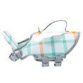 Load image into Gallery viewer, Plaid patterned dog life jacket with white wings and gray edges, featuring a handle and adjustable buckles
