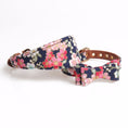 Load image into Gallery viewer, Side view of navy blue floral dog collar with pink and white blossoms and bow tie