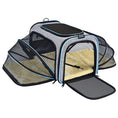 Load image into Gallery viewer, Gray expandable foldable pet carrier with yellow plush cushion and fully expanded mesh sides shown open from the front
