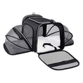 Load image into Gallery viewer, Black foldable pet carrier with white cushion and safety belt, open front and expanded mesh sides for ventilation