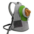 Load image into Gallery viewer, Gray pet carrier backpack with green front bubble window and mesh panels shown with small dog inside